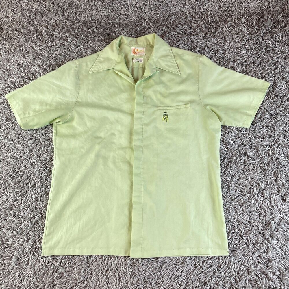 Vintage 70s Shirt Mens Medium M Green Hawaii Sharp Collar Disco Polyester Logo